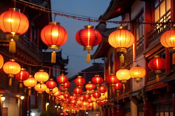 Hanging red lanterns illuminating a traditional Chinese street at dusk, creating a warm and festive atmosphere in a cultural setting