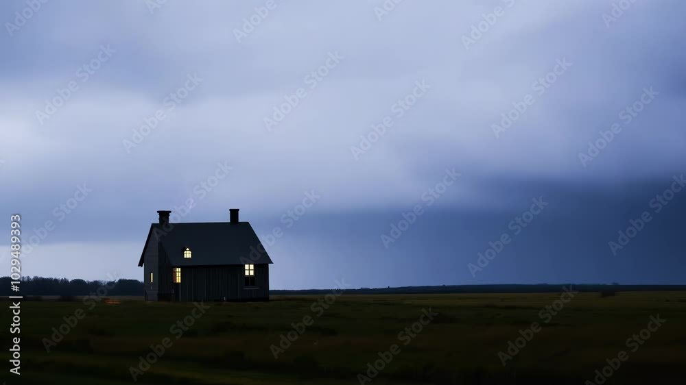 Aufkleber Alone in a vast field, a house with glowing windows stands out against the stormy sky, creating a dramatic and spooky atmosphere