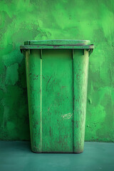 Green dustbin on a green background for ecycling . Materials for recycling and reuse on a green background.
