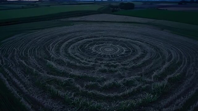 Mysterious crop circle forms in a grass field at night, seen from above in an intricate design that hints at alien mysteries. The moonlit scene blends dark green and blue hues for a surreal look