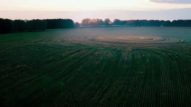 Mesmerizing crop circle glows in the setting sun, standing out against the lush green landscape, blending artistry with nature in a captivating pattern
