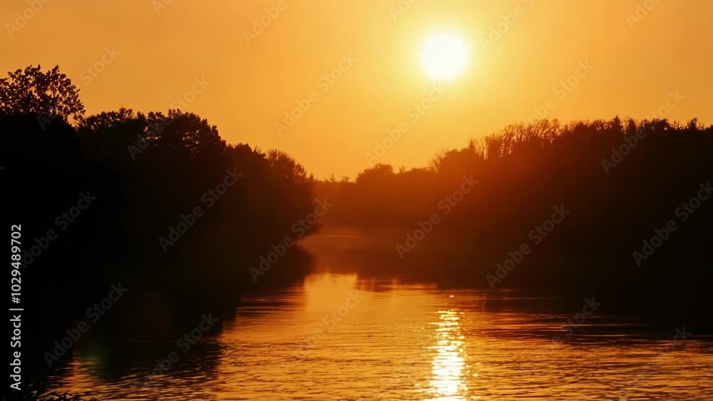 Poster the setting sun is bathing the landscape in a warm orange light, creating a beautiful contrast with 