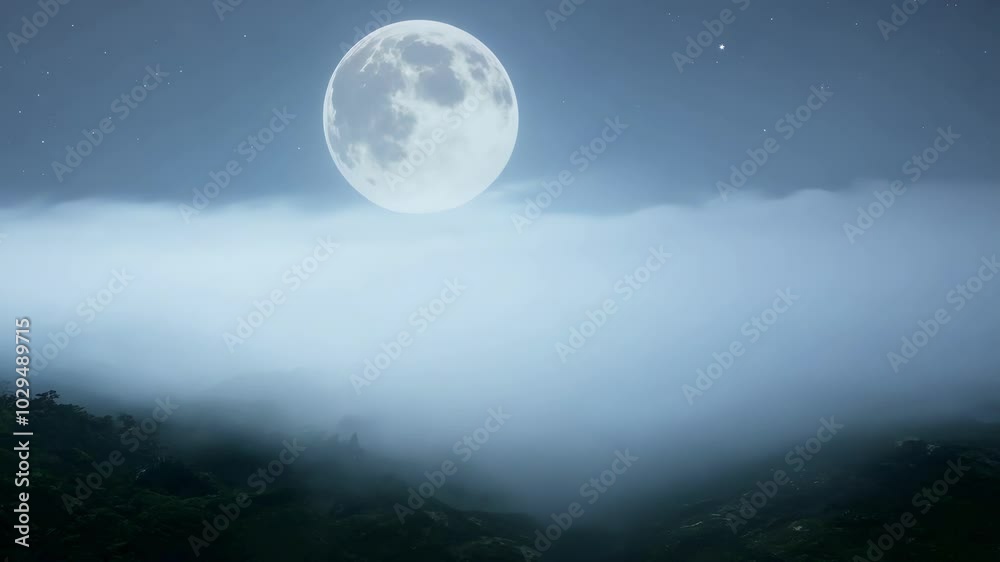 Poster enveloped in fog, towering mountains create a mysterious landscape. green valleys below shrouded in 