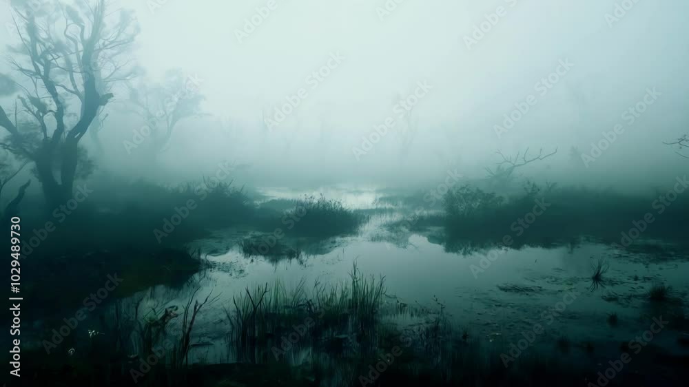 Poster fog swirls over swamp, enveloping trees and water in eerie atmosphere, creating spooky landscape per