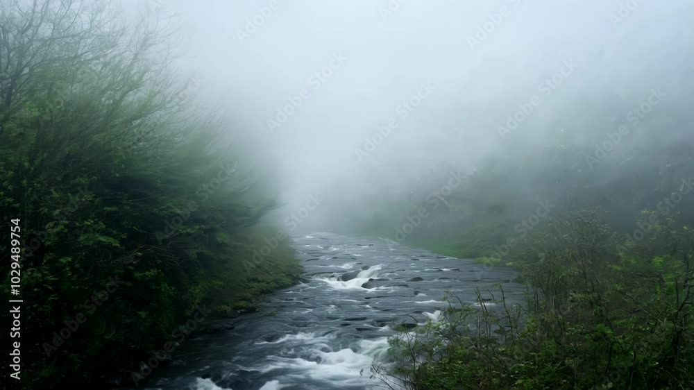 Aufkleber cold, blue toned image of a rocky river flowing through a misty forest. the fog is thick and obscure