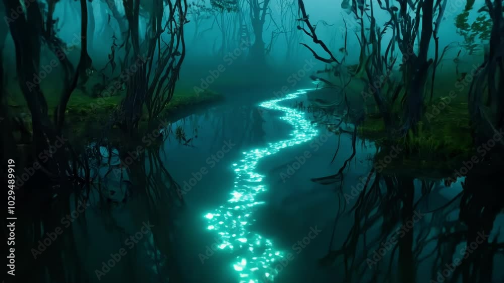 Poster trail of bioluminescent algae is glowing in a dark mysterious swamp forest at night. the water refle
