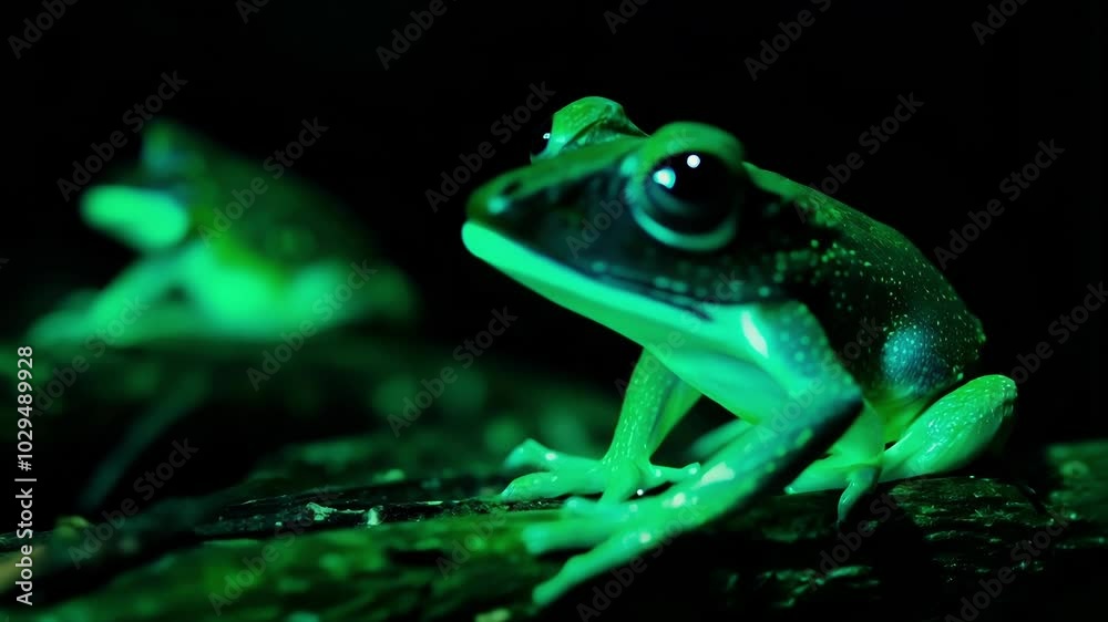 Poster vibrant green tree frog sits on a branch, illuminated by an ethereal glow, creating a captivating sc