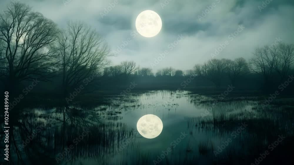 Poster full moon is reflecting in the water of a swamp surrounded by trees at night. the moon is shining br