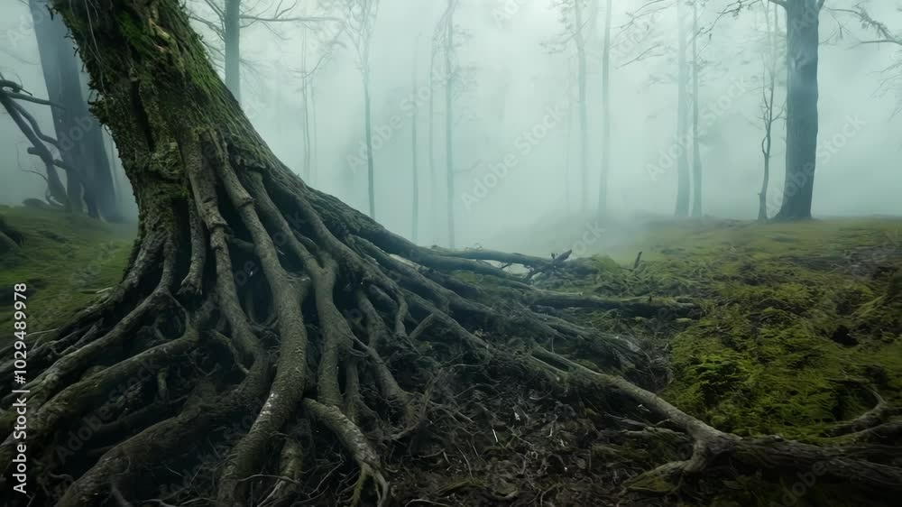 Poster fog rolling through a forest with gnarled roots and moss covering the forest floor, creating an eeri