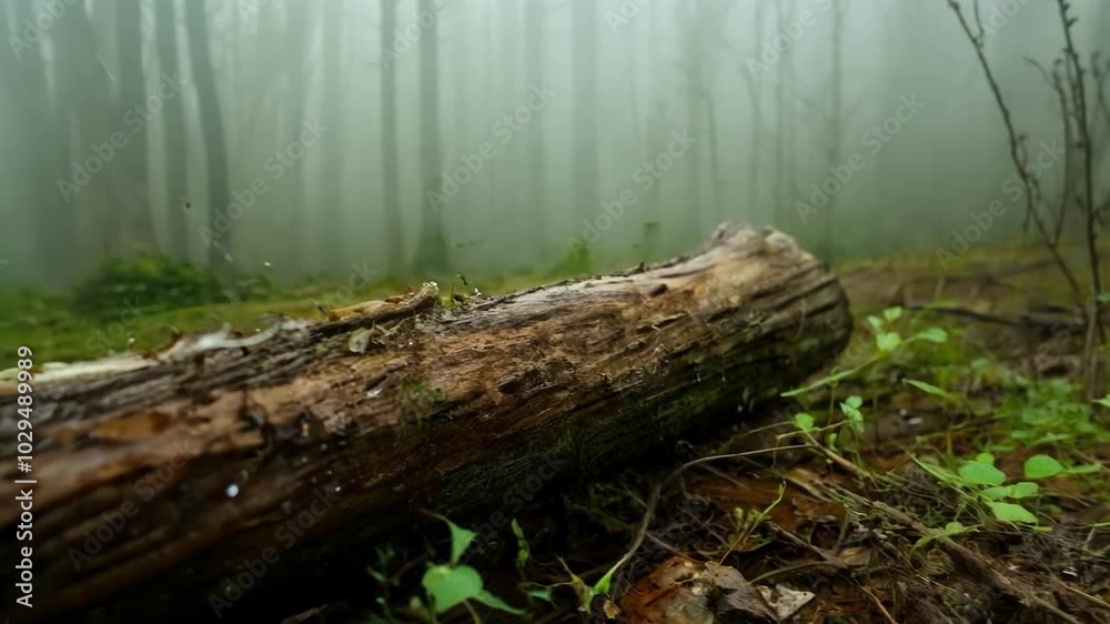 Poster misty forest scene with vibrant green vegetation around ancient tree trunk on damp ground. mysteriou