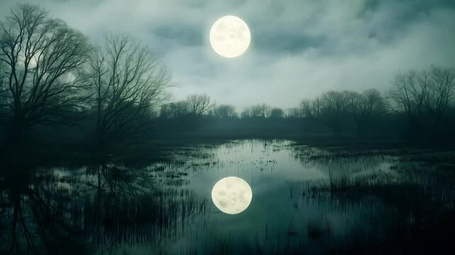 Full moon is reflecting in the water of a swamp surrounded by trees at night. The moon is shining brightly in the sky