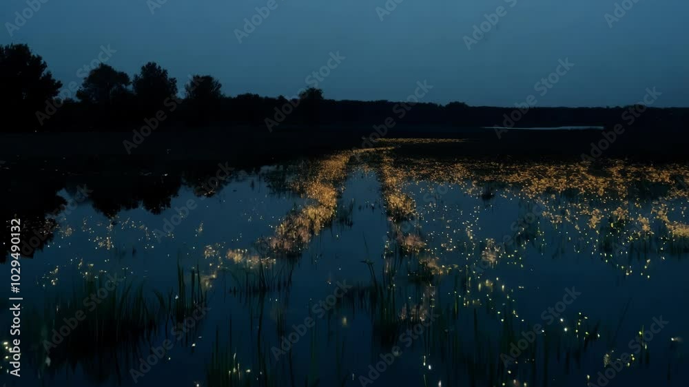 Poster thonds of fireflies are lighting up a lake at twilight, creating a magical and enchanting atmosphere