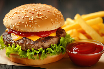 Delivery fast food menu. Saucy hamburger with french frieds and ketchup. Delicious hamburger with natural beef meat,burned cheddar cheese,tomato sauce. Delivered take away fastfood order