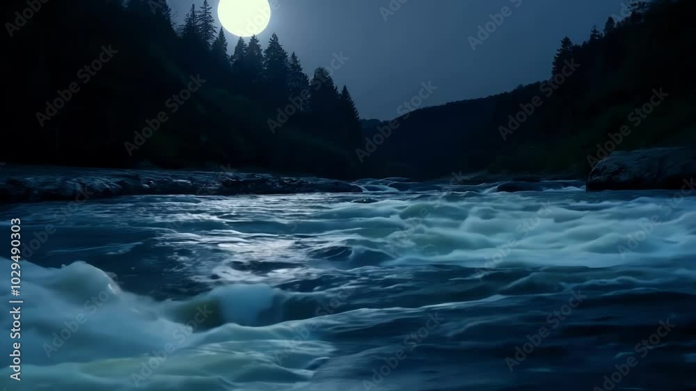 Poster wild river is flowing through a forest at night illuminated by the light of the full moon, creating 