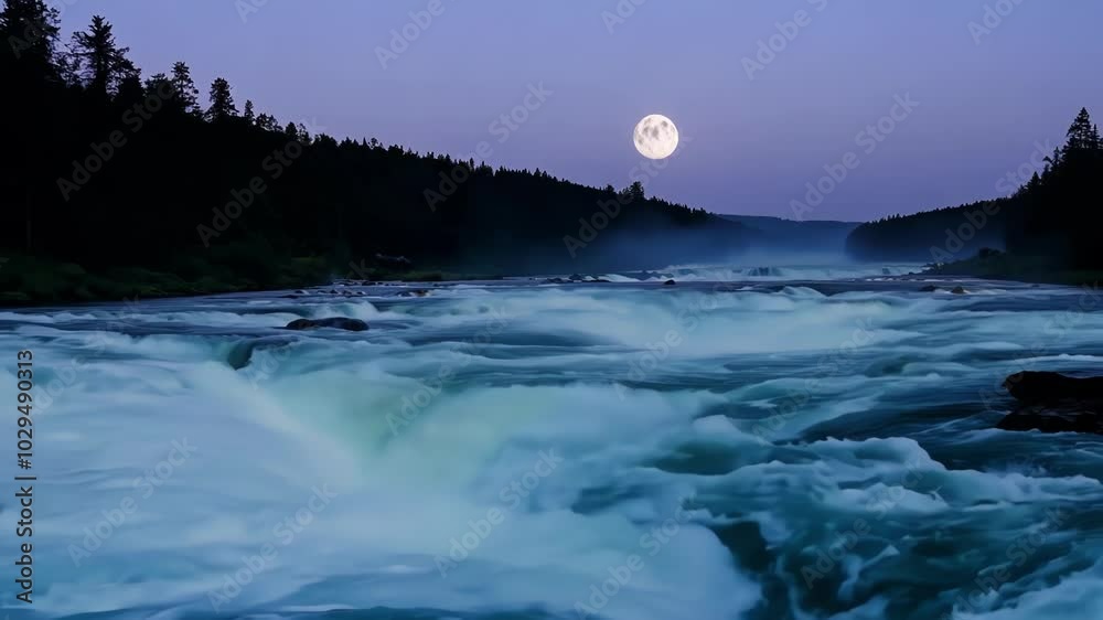 Poster the full moon is rising over a powerful river flowing through a boreal forest at twilight, creating 