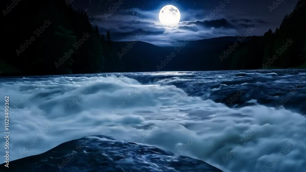 Poster The full moon shines over a river at night, illuminating rapids and creating a stunning scene. The water flows peacefully under moonlight, with starry clouds adding to the celestial atmosphere