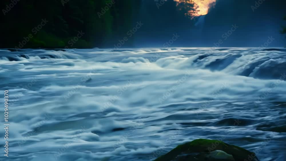 Poster the river rapids flow swiftly through a dense forest at sunset, creating frothy whitecaps against se