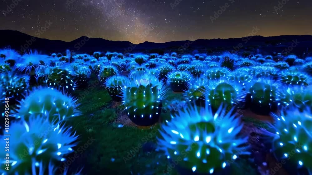 Aufkleber field of cacti is glowing blue at night under the milky way in a surreal landscape. the cacti are li