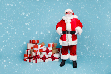 Full length body size view of his he nice fat cheerful cheery glad content bearded Santa pile stack purchases give away sale discount isolated over blue turquoise pastel color background