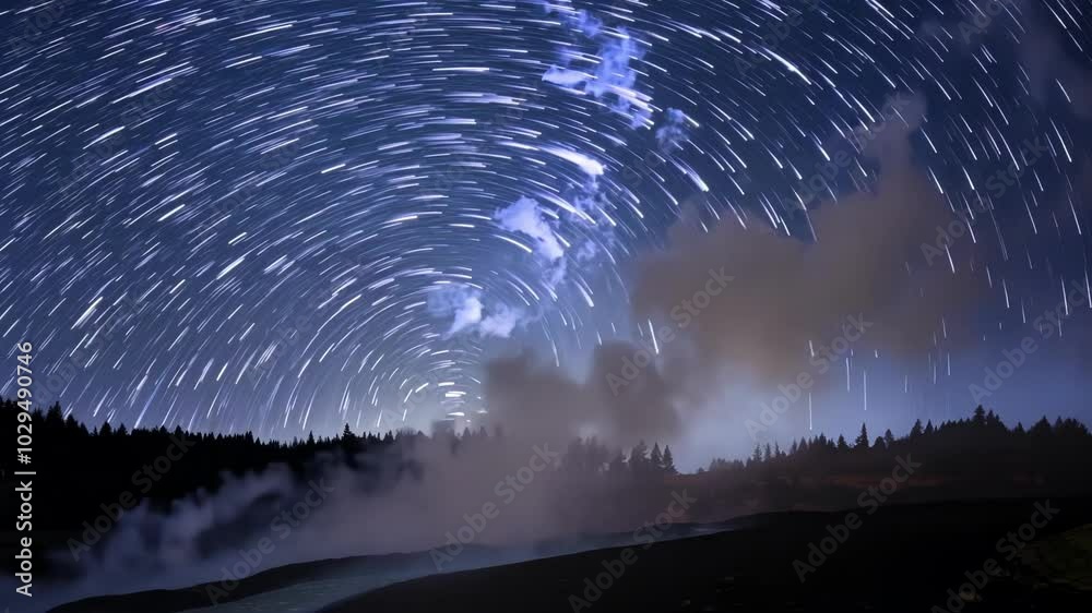 Poster Graceful star trails swirl across the night sky, casting a soft glow over fog above a tranquil forest, creating a celestial dance that illuminates the universe