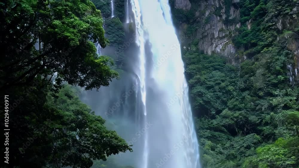 Poster water plunges down a sheer cliff face surrounded by vibrant green vegetation, creating a misty spray