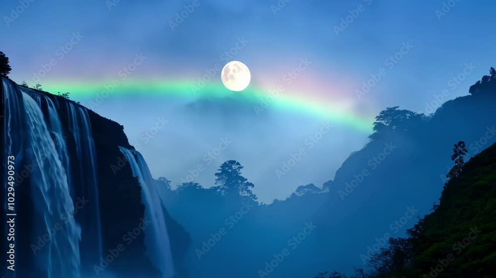 Poster mesmerizing landscape showcasing the power and beauty of nature with a waterfall cascading down a mo