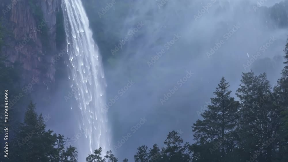 Leinwandbilder powerful waterfall is cascading down a mountainside surrounded by mist and evergreen trees, creating