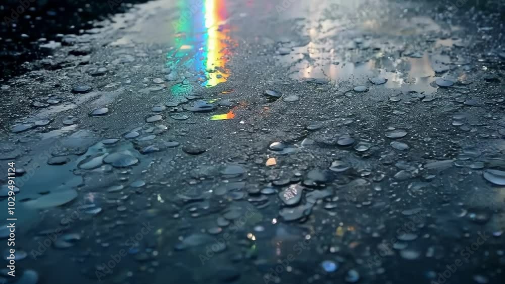 Aufkleber glistening water droplets reflect city lights after rain, blending shades in an abstract background.