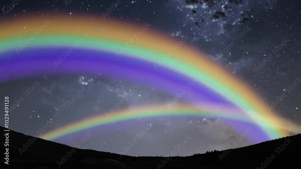 Poster Breathtaking double rainbow is arching over a mountainous landscape, set against a backdrop of a starry night sky and wispy clouds. This captivating scene evokes a sense of wonder and tranquility