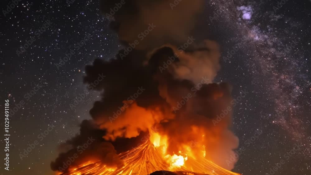 Poster Glowing hot lava is erupting from the cone of a volcano, creating a massive cloud of ash and smoke rising into the night sky filled with stars