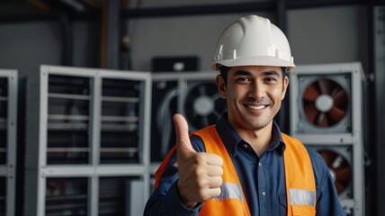 Service technician, installation, maintenance Air conditioner Cooling machine, thumbs up, employee wearing work clothes Safety hard hat, helmet.