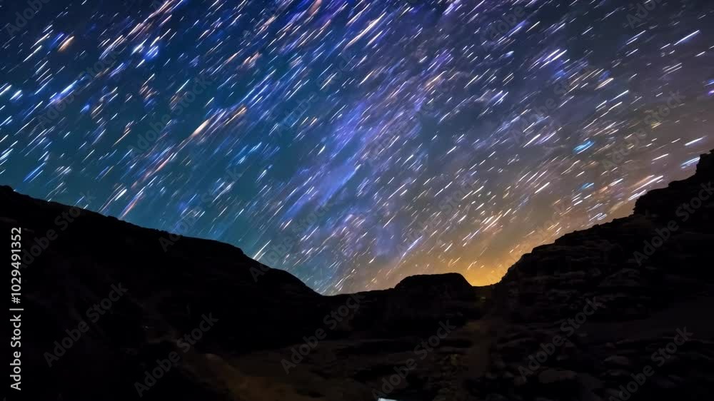 Poster Long exposure captures the movement of the stars in the night sky, creating streaks of light that appear to be raining down over a desert canyon