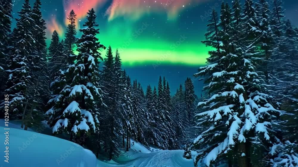Poster snowy path winds through a forest at night under the vibrant colors of the aurora borealis, creating