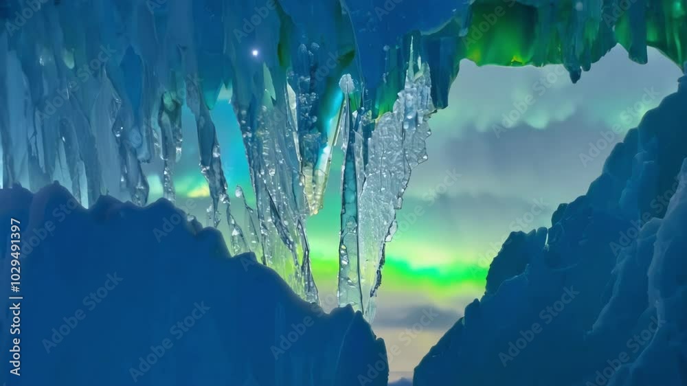 Aufkleber the aurora borealis lights up icicles on a snow covered cliff against a serene blue sky, creating a 