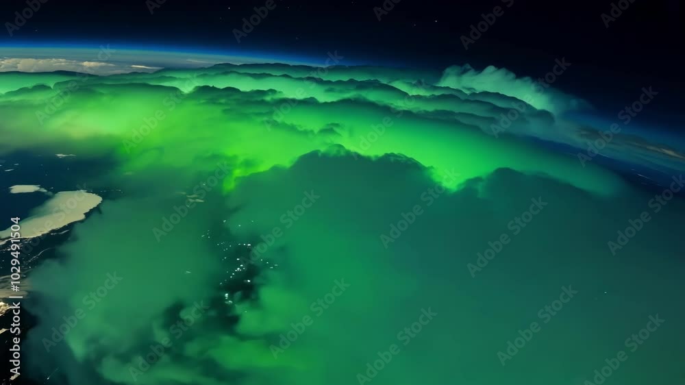 Poster Green aurora borealis illuminating clouds over a city and coastline at night. The green lights of the aurora borealis are reflected on the clouds