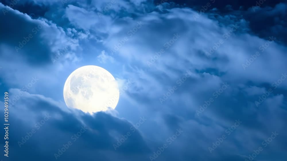 Poster bright full moon shines through dramatic clouds on a dark night, creating a serene and tranquil atmo