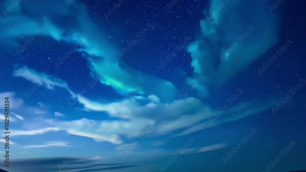 Poster Vibrant blue night sky is illuminated by a rare display of noctilucent clouds, creating a captivating and ethereal scene