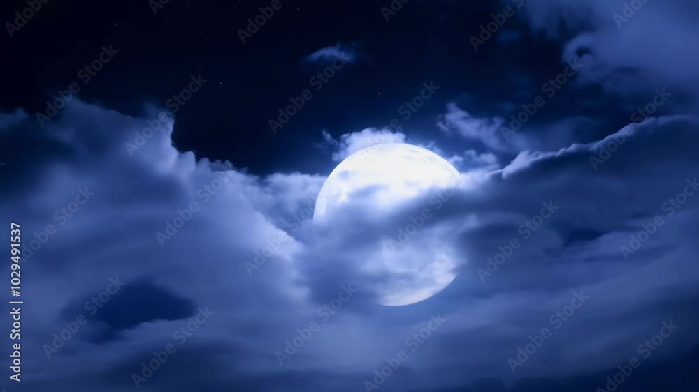 Poster the bright full moon shines through dark clouds, illuminating the night sky with its celestial light