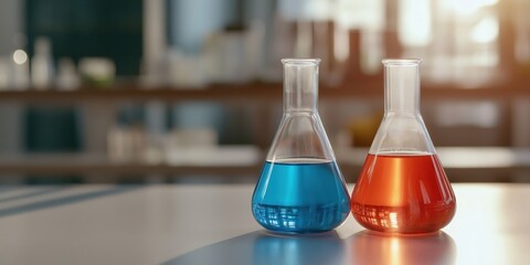 Two glass beakers filled with chemical solutions are on a table in a laboratory