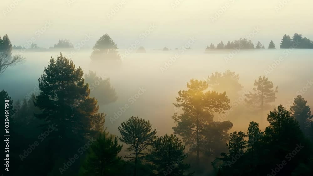Poster foggy forest with sunlight peeking through, creating a tranquil and serene atmosphere in the early m