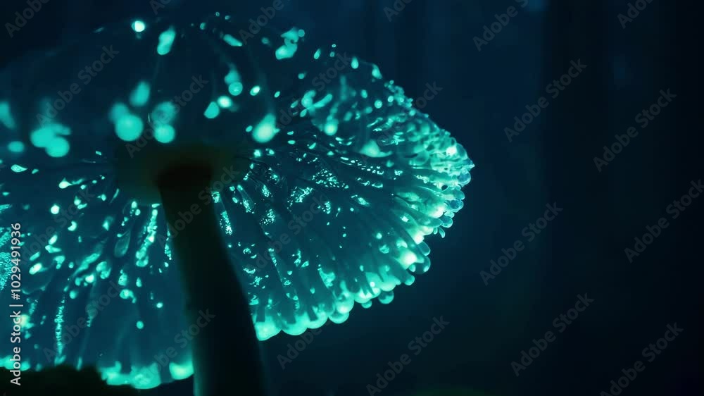 Aufkleber mesmerizing bioluminescent mushroom glows in a dark forest at night, creating a magical atmosphere w