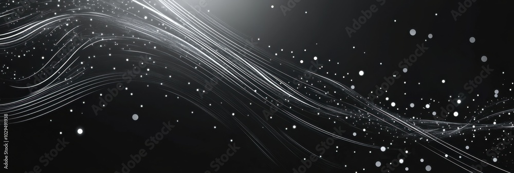 Poster black background with white glowing data lines, a tech banner design digital network connections mod