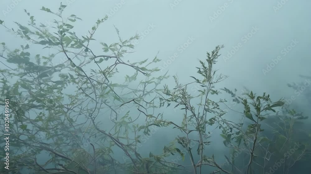 Poster green branches with leaves are emerging from a thick fog, creating a mysterious and captivating scen