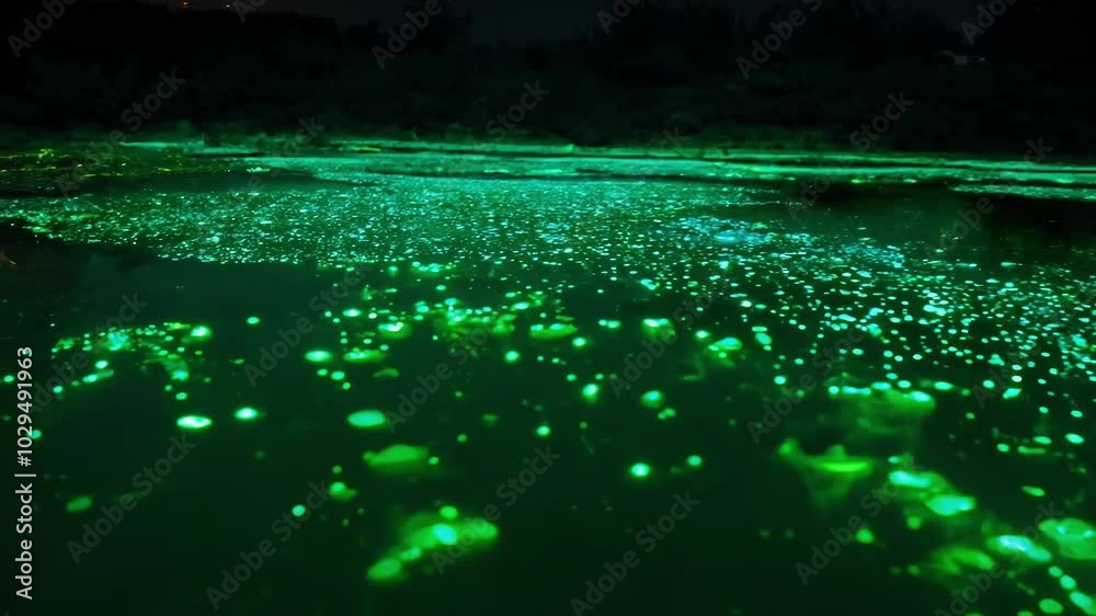 Aufkleber Bioluminescent algae is creating a magical atmosphere with its glowing particles illuminating the water surface at night. The glowing effect is creating a surreal and captivating scene