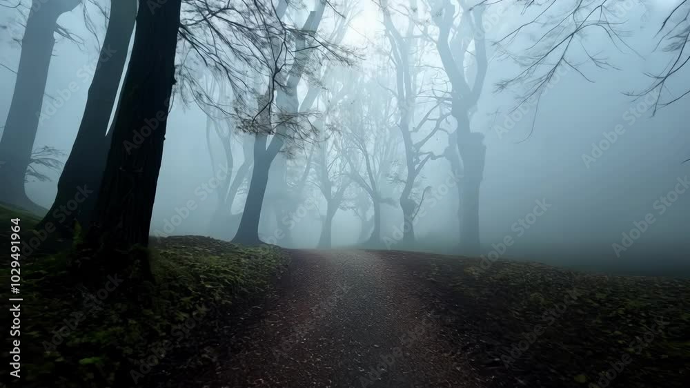 Aufkleber Pathway is winding through a dark and foggy forest with leafless trees in autumn. The sun is rising and creating a mystical atmosphere