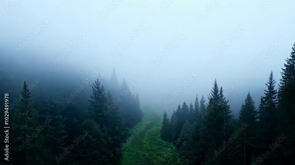 Poster Dense fog is covering a hiking trail in the middle of a forest full of evergreen trees, creating a mysterious and evocative atmosphere