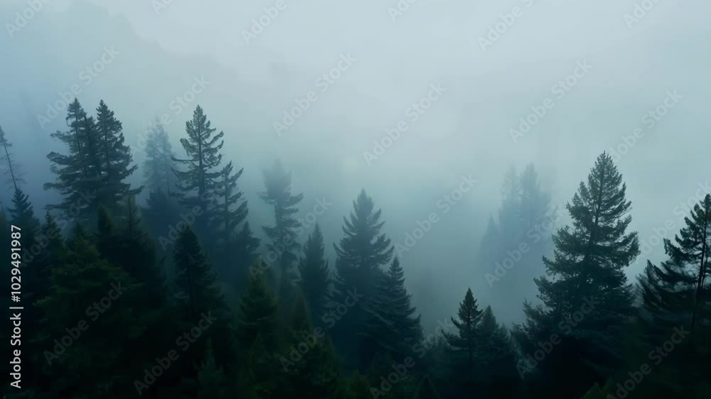 Aufkleber Dense fog is obscuring the view of evergreen trees in a pacific northwest forest, creating a mysterious and atmospheric scene