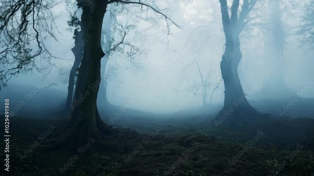 Poster silhouettes of trees are emerging from a thick fog covering the forest ground, creating an eerie and