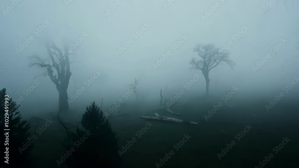 Aufkleber Dense fog is hanging over a field, obscuring the trees and creating an eerie, mysterious atmosphere. The silhouettes of the trees are barely visible through the thick fog