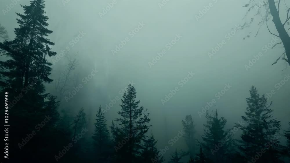 Poster evergreen trees stand tall disappearing into a thick fog on a dreary overcast day. the air is thick 
